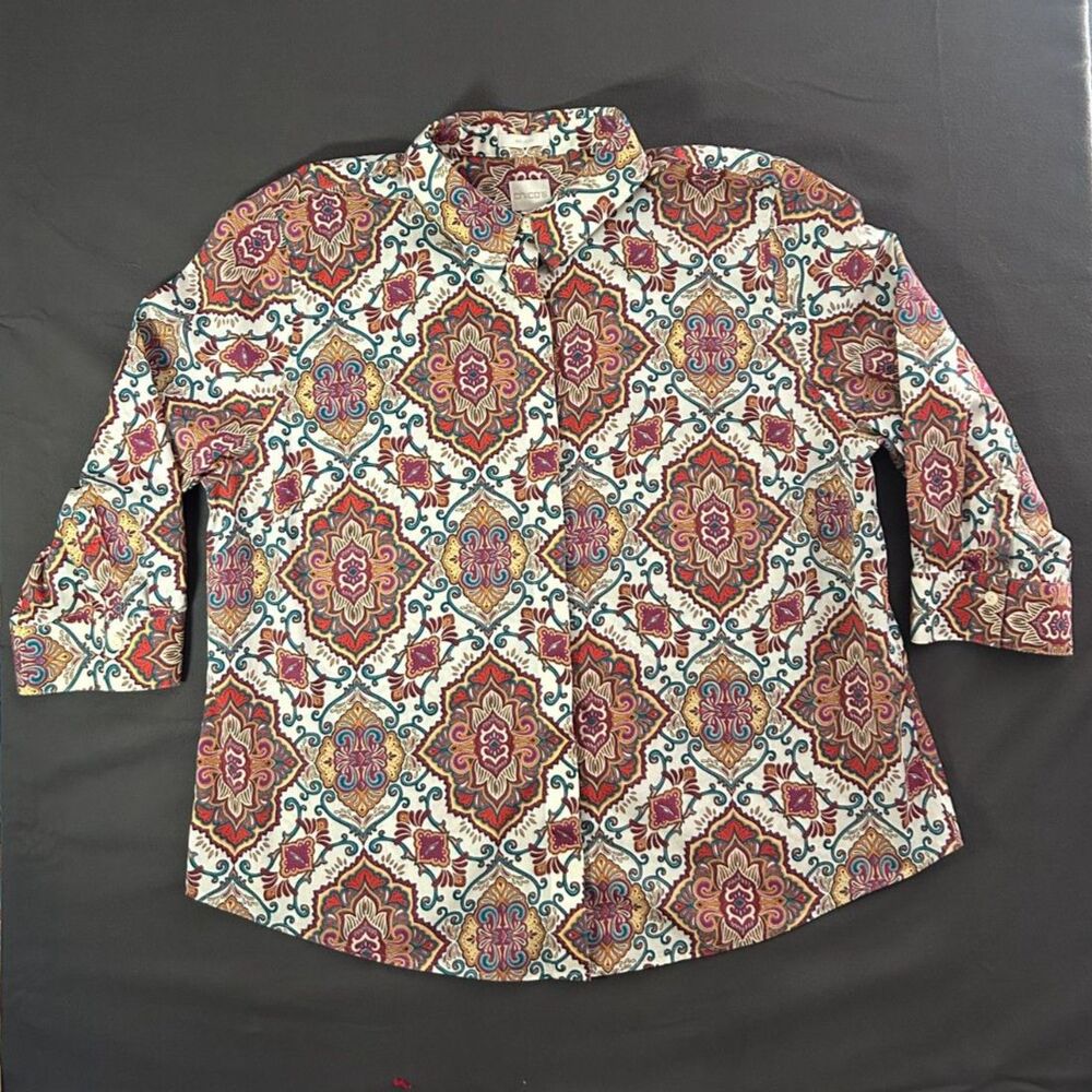 Boho Crunchy Chicos No-Iron Paisley Button Down Shirt Women's Size 3 XL